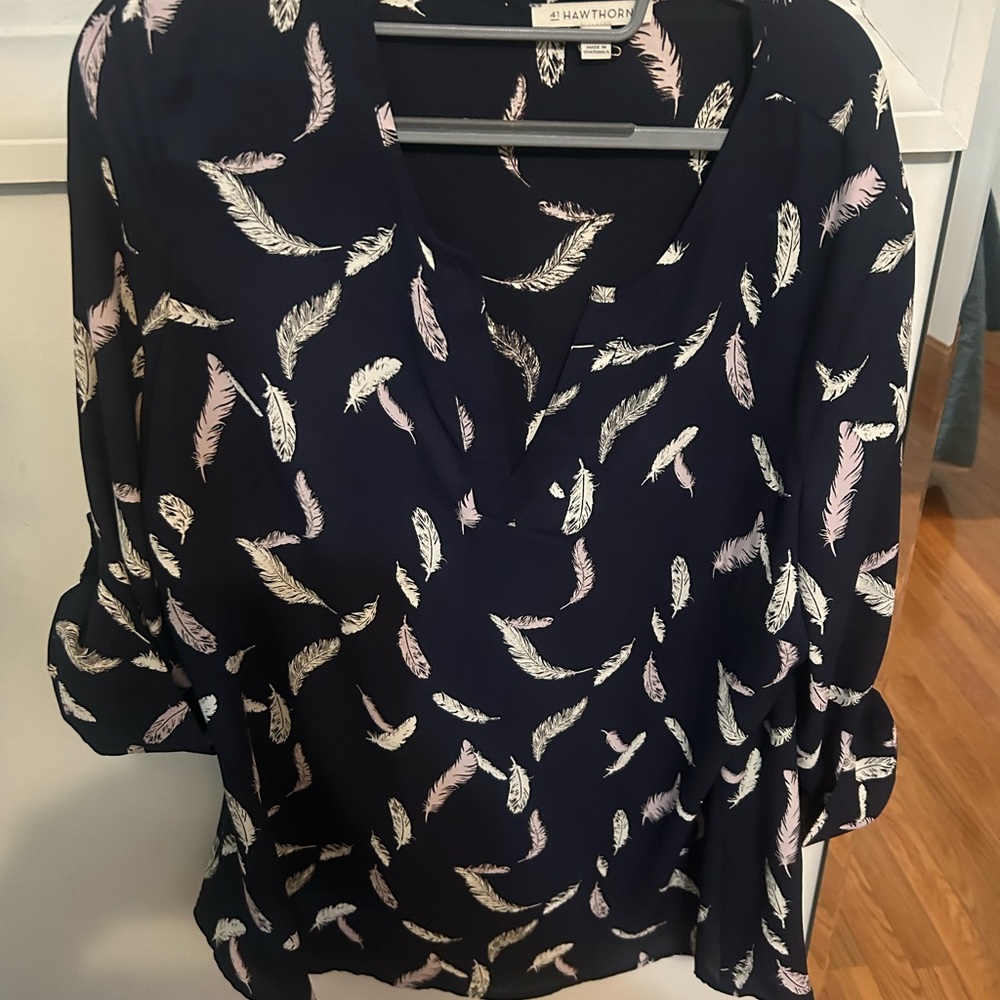 41 Hawthorn Blue and White Mandarin Collar 3/4 Sleeve Blouse
